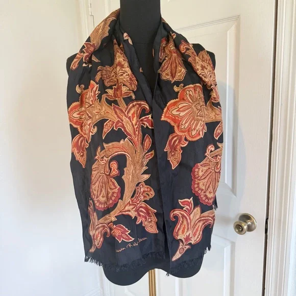 Lauren Ralph Lauren Silk Scarf Navy Paisley Fringe Boho Equestrian Wrap - Picture 2 of 4